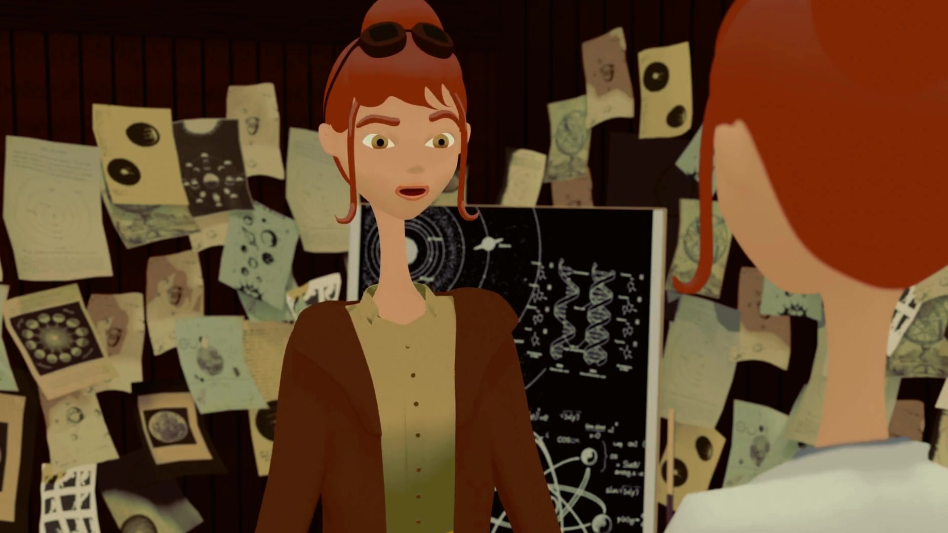 Personaggi animati di Clelia e il tempo in un ambiente ricco di libri e immagini