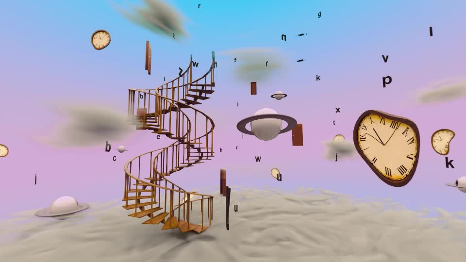 Un mondo surreale con una scala a spirale, orologi e oggetti sospesi
